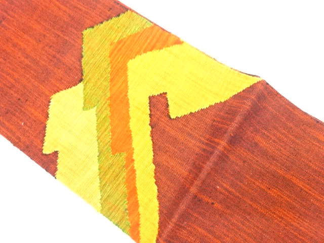 未使用品　手織り真綿紬幾何学模様織出し名古屋帯